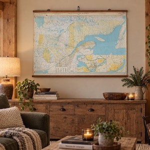 May include: A vintage-style wall map of the Province of Quebec, Canada, featuring detailed cartography in blue, yellow, and white tones. The map is mounted on dark wooden rods at the top and bottom, displaying geographical labels and a legend.