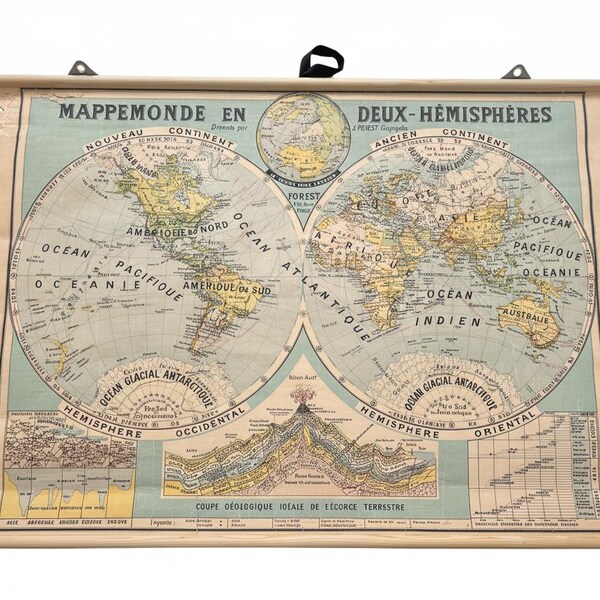 Mapa escolar desplegable original de 1948: Hemisferios del mundo (en francés) / Mapa mural escolar de 1948: Mapa geográfico del mundo en dos hemisferios
