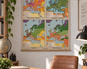 May include: A vintage Denoyer-Geppert Geography Series wall map of Europe featuring four distinct sections: Population Density, Economic Activities, Climate, and Frost-Free Days. The map is printed on paper with wooden dowels at the top and bottom.