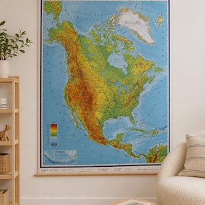 Originele vintage schoolkaart van Noord-Amerika (Frans) uit 1990 / Originele vintage wandkaart van Noord-Amerika (fysiek) uit 1990