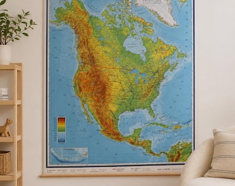 1990 Original Vintage School Map North America (french)