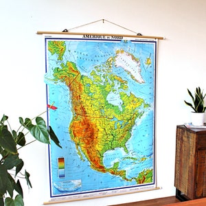 1990 Original Vintage School Map North America (french) /1990 Carte Géographique Scolaire Murale Vintage Originale AMÉRIQUE DU NORD Physique