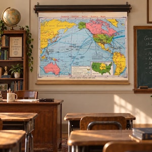 Op de afbeelding: Een grote, uitrolbare wandkaart voor in de klas met de titel Denoyer-Geppert Social Science Maps, met een op de Stille Oceaan gerichte wereldkaart met blauwe oceanen en gekleurde landmassa's, gemonteerd op een houten frame boven een bureau.