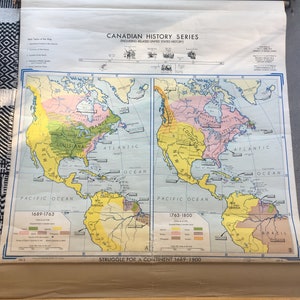 1965 Denoyer-Geppert Pull Down School Map STRUGGLE for a CONTINENT 1689-1800 / 1965 School Map Mural Struggle for a CONTINENT