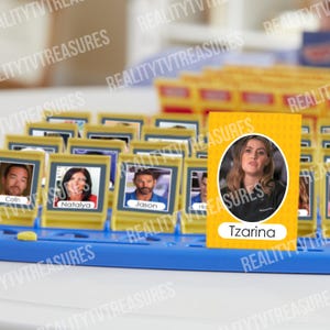 May include: A board game with yellow and blue components. The game features cards with photos of people, including "Tzarina", and the names "Colin", "Natalya", and "Jason". The game is set on a blue plastic base.