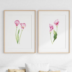 Set of 2 calla lily prints, watercolour paintings, pink prints, botanical art, floral print, living room art, pink wall art [unframed]