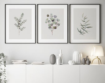 Green and grey wall art, set of 3 prints, grey and green prints, eucalyptus prints, watercolour paintings, botanical art [unframed]