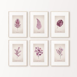 Botanical prints, burgundy wall art, burgundy wall decor, set of 6 prints, watercolour print, palm leaf, eucalyptus, fern [unframed]