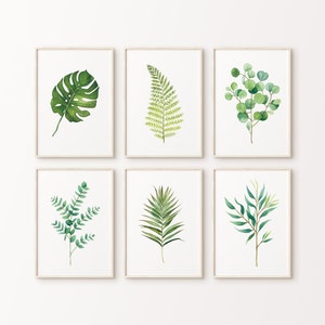 Botanical prints, green wall art, set of 6 prints, watercolour print, palm leaf print, eucalyptus print, fern print, leaf print [unframed]