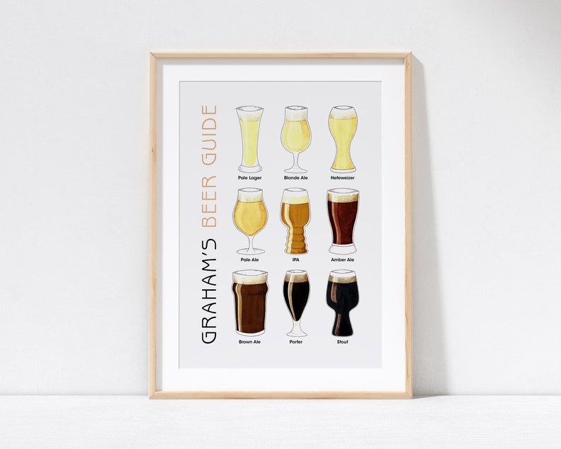 Personalised 'beer guide' print features nine watercolour paintings of different beers. You can add his name to the print to make it more special.