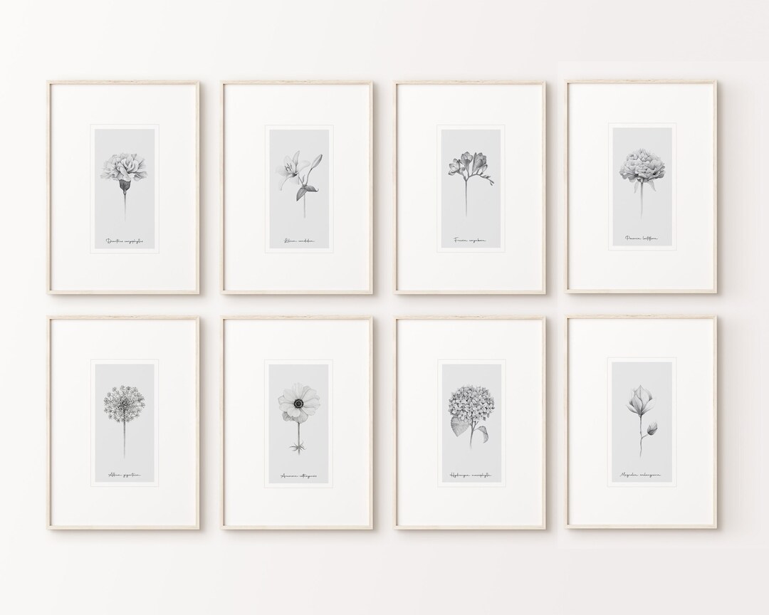 Grey Floral Prints, Set of 8, Grey Wall Art, Grey Flowers, Grey Flower