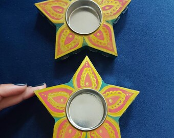Indian Tealights, Diwali Diya Candle holders, handpainted set of two