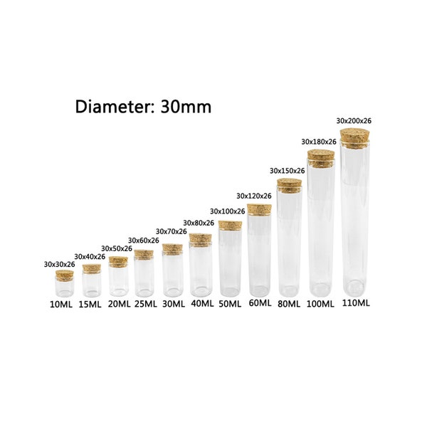 24 pièces 15 ml/25 ml/30 ml/35 ml/40 ml/45 ml/50 ml/55 ml/60 ml/80 ml/100 ml petit tube à essai en verre avec bouchon en liège bouteilles bocaux fioles cadeau livraison gratuite