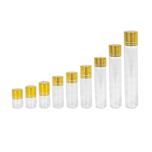 12PCS 5ml 6ml 8ml 10ml 12ml 20ml 15ml 25ml 30ml Mini Transparent Glass Bottles with Gold Screw Plastic PE Cap Jars Vials Free Shipping