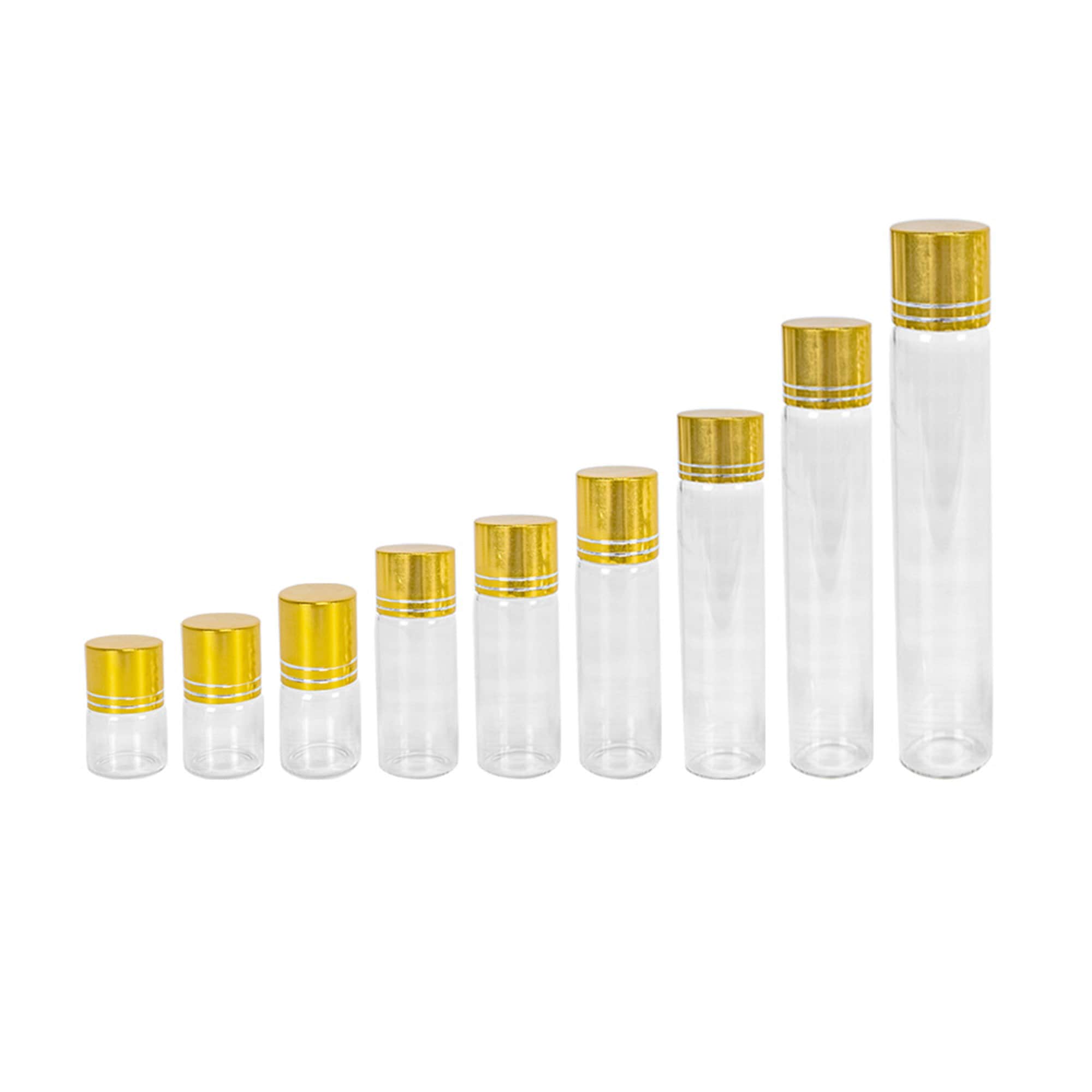 12pçs 5ml 6ml 8ml 10ml 12ml 20ml 15ml 25ml 30ml mini garrafas de vidro transparente com parafuso dourado frascos de plástico pe tampa frete grátis