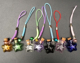 7pcs Mini Stars Bottles Crafts with Nylon Rope Key Chains Mini Bracelets Jars Glass BottlesCrafts Mixed Color 7pcs WJX-04