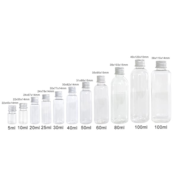 100 Stücke Plastikflasche mit Aluminium Schraubverschluss Travel Kit Leere nachfüllbare Flaschen Gläser 5 ml bis 100 ml PET Kosmetikbehälter Kostenloser Versand