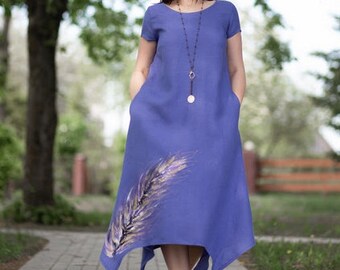 Feather. Violet linen. Unique, Handmade Painted, long dress for women