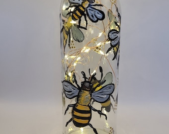 Hand Painted Bumble Bee Themed LED Light Up Glass Bottle Last One Left OFFER