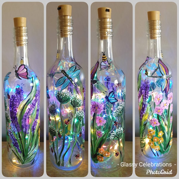 Hand Painted Flowers, Butterfly,  Dragonfly Themed LED Light Up Glass Wine Bottle