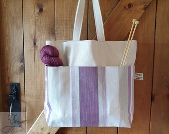 Handmade Large Shoulder Bag with Outside Pockets - Lilac Striped