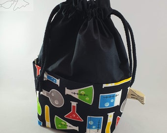 Handmade Drawstring Project Bag with Outside Pockets - Science
