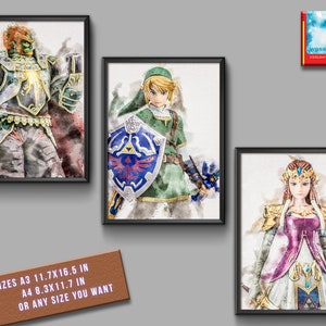 Conjunto de 3 aquarelas The Legend of Zelda para impressão, decoração de quarto, pôster de arte de parede, presente The Legend of Zelda para impressão