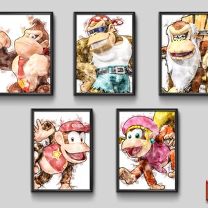 Set von 5 Donkey Kong DRUCKBAR Aquarell, Raumdekor, Wand Kunst Poster Dekoration, Printable Donkey Kong Geschenk