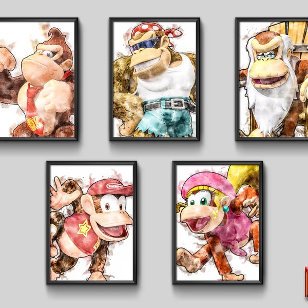 Ensemble de 5 Donkey Kong IMPRIMABLE Aquarelle, Décoration de chambre, Décoration d’affiche d’art mural, Cadeau Donkey Kong imprimable