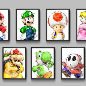 Lot de 7 affiches aquarelle imprimables Super Mario, décoration d'affiche d'art mural, Mario Bros. imprimable, Bowser, cadeau Donkey Kong