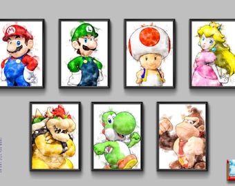 Set of 7 Super Mario PRINTABLE Watercolor Poster, Wall Art Poster Decoration, Printable Mario Bros., Bowser, Donkey Kong Gift