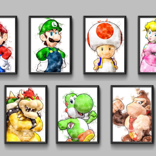 Set of 7 Super Mario PRINTABLE Watercolor Poster, Wall Art Poster Decoration, Printable Mario Bros., Bowser, Donkey Kong Gift