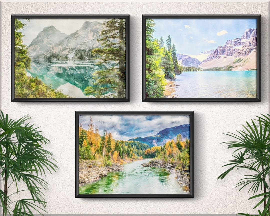 Mountain River Wall Art, Watercolor Mountain Print, Watercolor Print