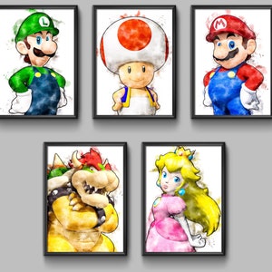 Set of 5 Super Mario PRINTABLE Watercolor Room Decor Wall Art Poster Decoration Printable Mario Bros. Gift