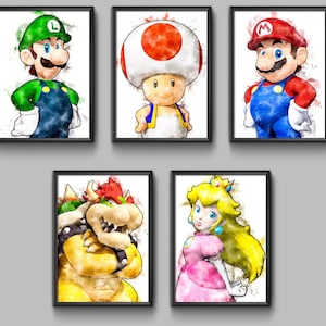 Lot de 5 décorations de chambre aquarelle imprimable Super Mario, art mural, affiche de décoration, cadeau Mario Bros imprimable