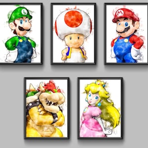 Set of 5 Super Mario PRINTABLE Watercolor Room Decor Wall Art Poster Decoration Printable Mario Bros. Gift