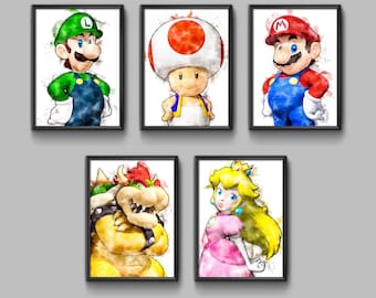 Set of 5 Super Mario PRINTABLE Watercolor Room Decor Wall Art Poster Decoration Printable Mario Bros. Gift