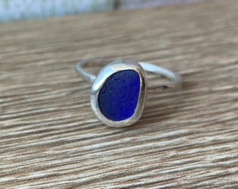 Blue sea glass ring , Scottish sea glass ring , handcrafted sea glass ring , scottish beach glass ring , blue ring , ring size L