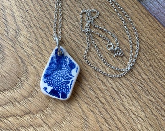 Sea pottery pendant , scottish sea pottery pendant , silver pottery pendant , handmade pendant , blue and white pendant , pottery pendant