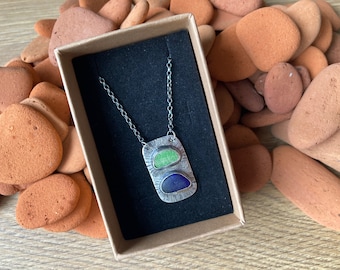 Scottish sea glass and pottery pendant , silver pendant , handcrafted jewellery , sea glass jewellery , bezel set sea glass pendant
