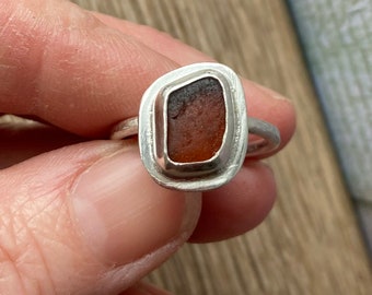 Scottish sea glass ring , brown sea glass ring , handcrafted ring , handcrafted silver ring , handcrafted jewellery , ring size P