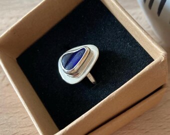Sea glass ring , uk size K , handcrafted ring , blue sea glass ring , silver ring , handmade ring