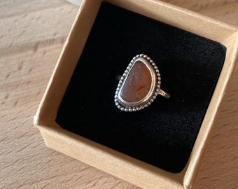 Scottish sea glass ring , brown sea glass ring , handcrafted ring , handcrafted silver ring , handcrafted jewellery , uk ring size o