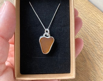 Handcrafted sea glass pendant , brown sea glass pendant , love heart sea glass pendant , scottish sea glass pendant , silver and sea glass