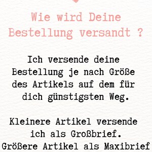 May include: White background with pink text and a pink heart graphic. The text reads: "How is your order shipped?" followed by details about shipping based on the size of the item.