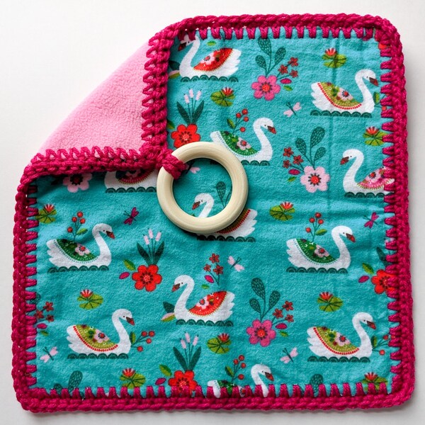 Folksy Swans Crochet Border Baby Lovey, Security Blanket, Removeable Wood Teething Ring, Unique Baby Gift