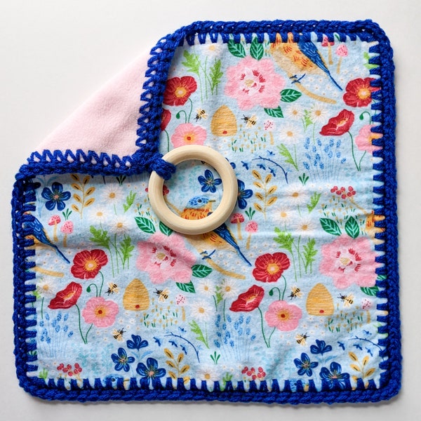 Bird Garden Crochet Border Baby Lovey, Security Blanket, Removeable Wood Teething Ring, Springtime Flowers, Unique Baby Gift