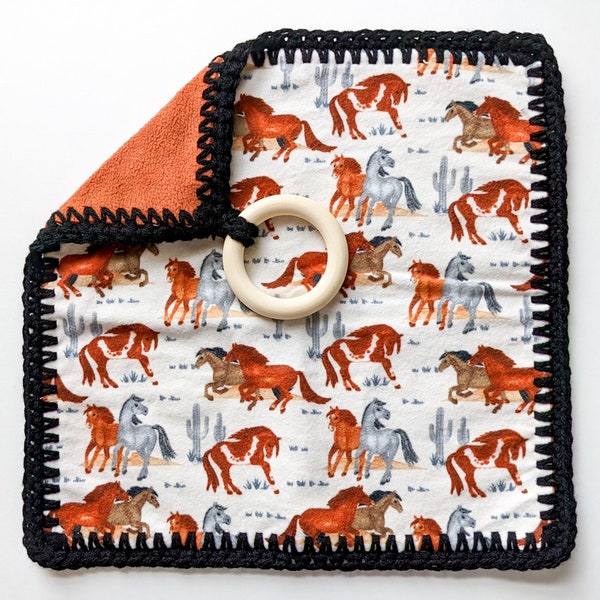 Wild Horses Crochet Border Baby Lovey, Security Blanket, Removeable Wood Teething Ring, Unique Baby Gift