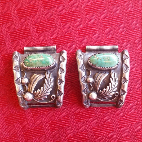 Vintage Sterling Silver and Green Turquoise Watch Tips- Southwestern or Native American Classic silver work