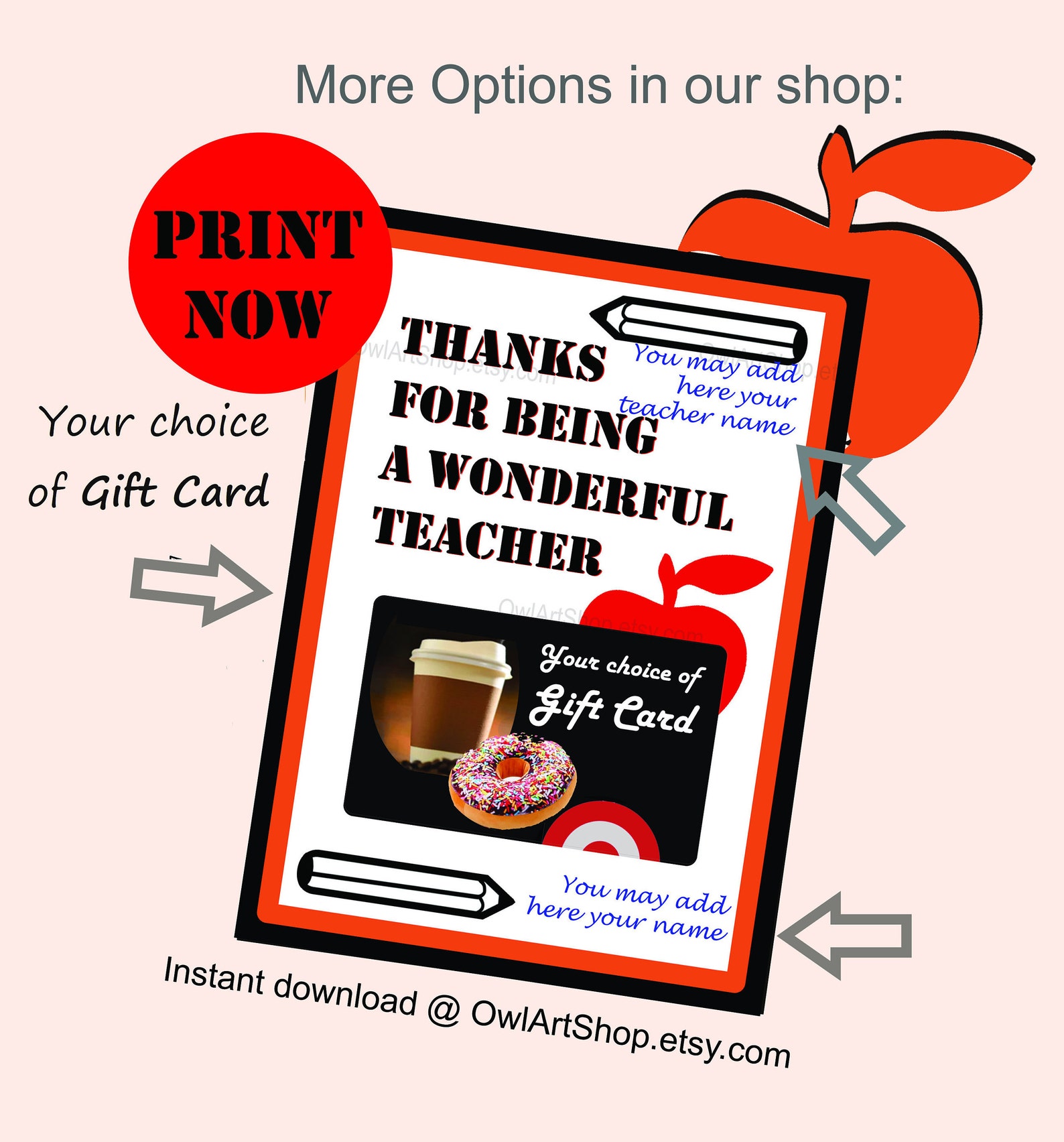 Teacher Appreciation Amazon gift card holder card for Etsy